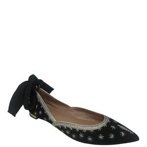 Aquazzura Bliss Black Suede Gold Embroidered Stars Ankle Wrap Ballet Flats 11